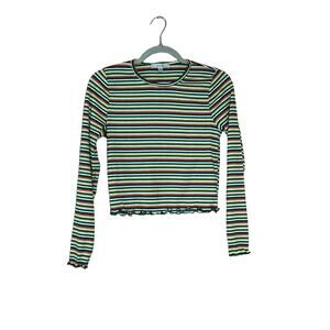 Gaze Striped Cropped Blouse - Cream & Green - Size Small